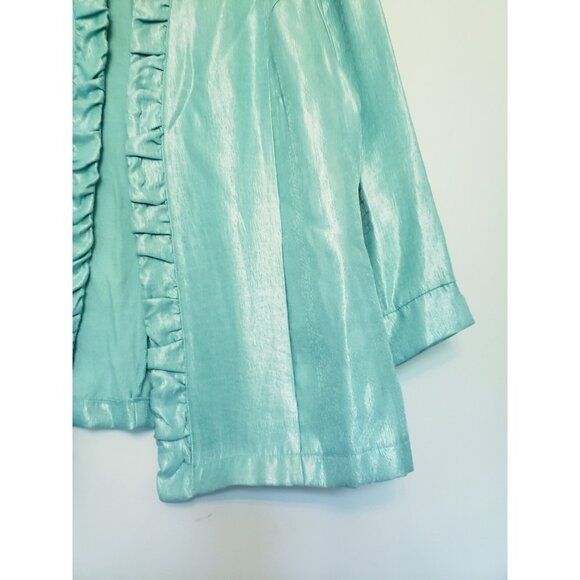 Picadilly Womens L Jacket Open Front Ruffle Blue Sea Aqua Shiny $104 Formal NWT - Picture 3 of 7
